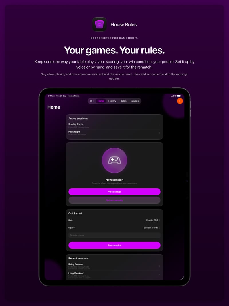 The House Rules share image, showing the app on iPad Pro 13-inch with its icon, name and headline for the Sunday Cards session, in the Purple tint, dark appearance.