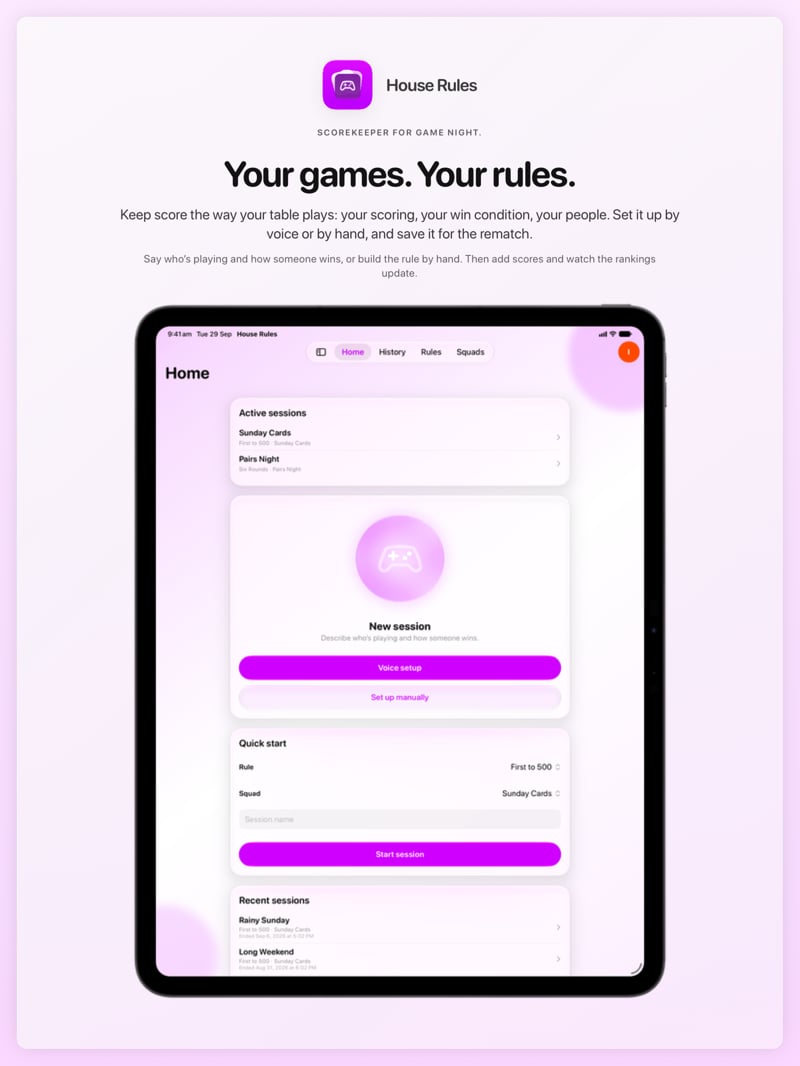 The House Rules share image, showing the app on iPad Pro 13-inch with its icon, name and headline for the Sunday Cards session, in the Purple tint, light appearance.