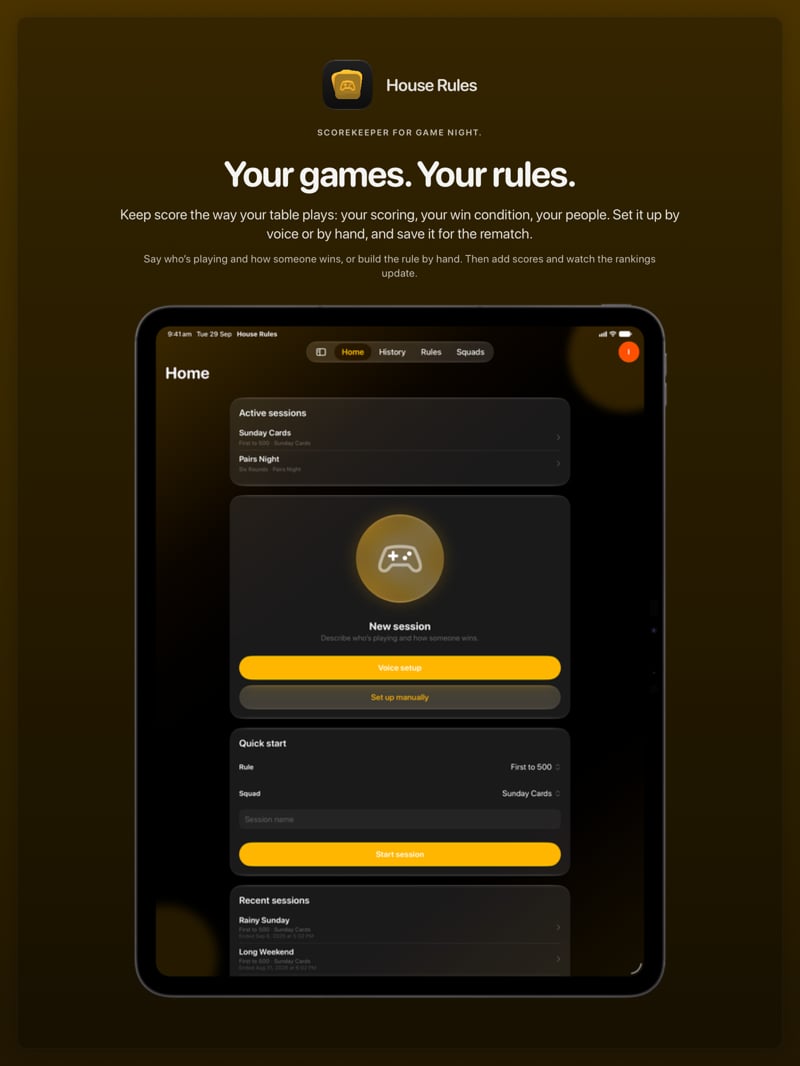 The House Rules share image, showing the app on iPad Pro 13-inch with its icon, name and headline for the Sunday Cards session, in the Yellow tint, dark appearance.