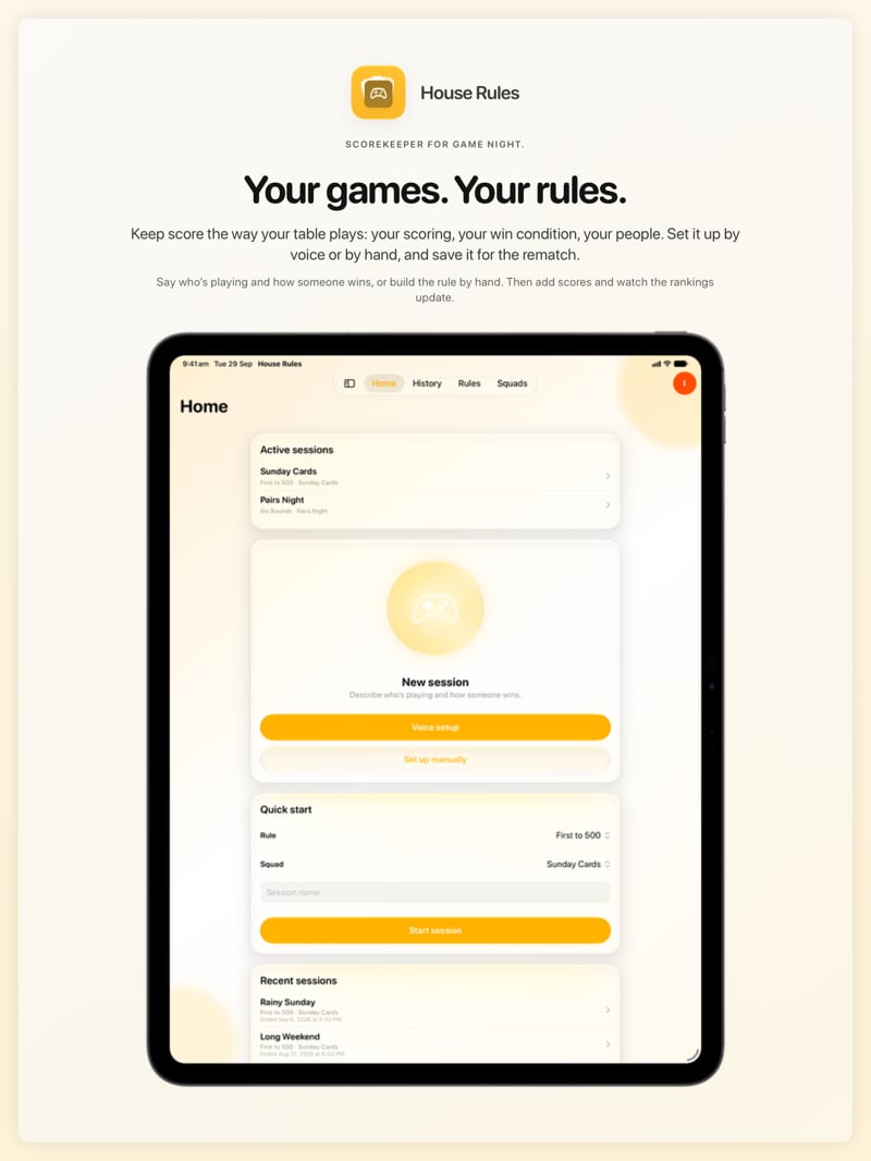 The House Rules share image, showing the app on iPad Pro 13-inch with its icon, name and headline for the Sunday Cards session, in the Yellow tint, light appearance.