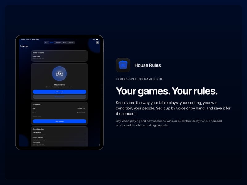 The House Rules share image, showing the app on iPad Pro 13-inch with its icon, name and headline for the Friday Table session, in the Blue tint, dark appearance.