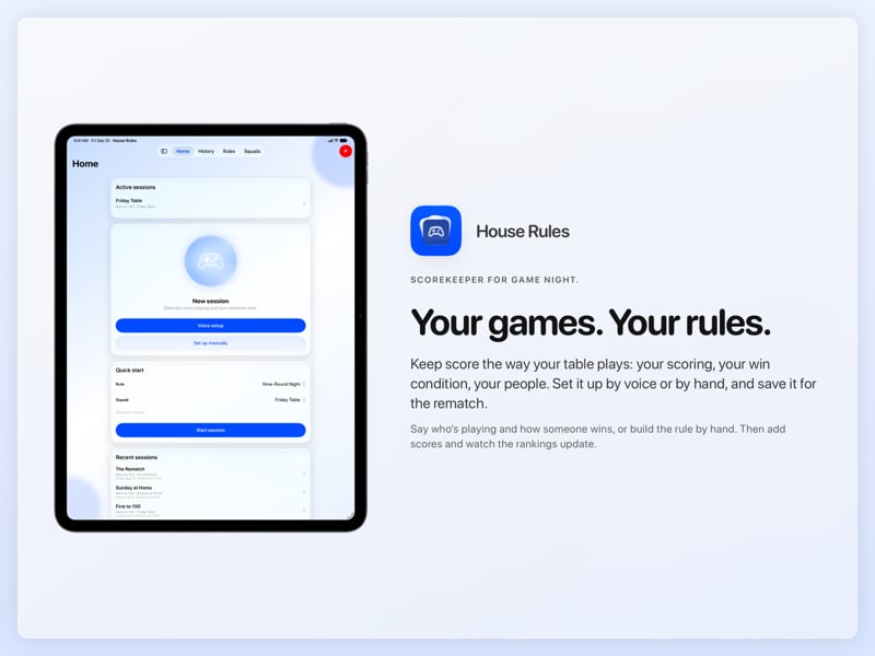 The House Rules share image, showing the app on iPad Pro 13-inch with its icon, name and headline for the Friday Table session, in the Blue tint, light appearance.