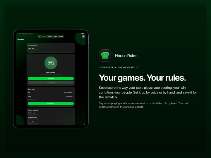 The House Rules share image, showing the app on iPad Pro 13-inch with its icon, name and headline for the Friday Table session, in the Green tint, dark appearance.