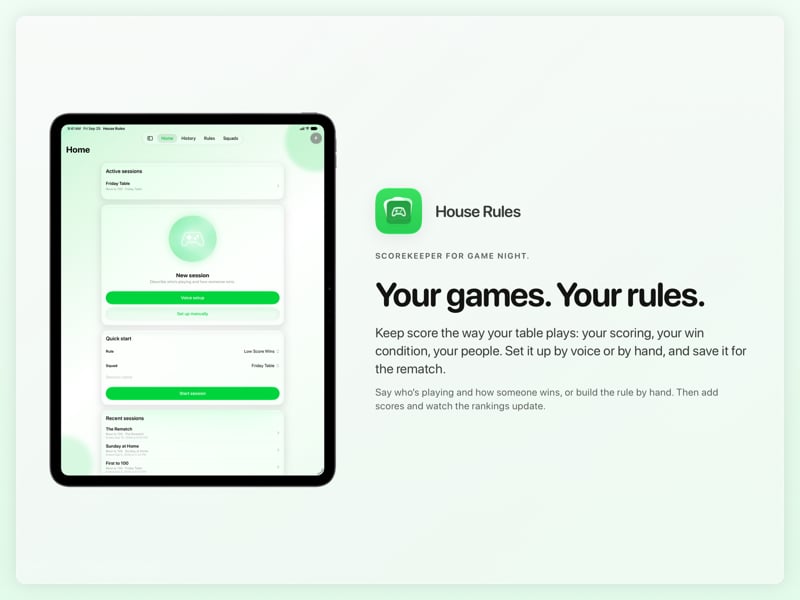 The House Rules share image, showing the app on iPad Pro 13-inch with its icon, name and headline for the Friday Table session, in the Green tint, light appearance.