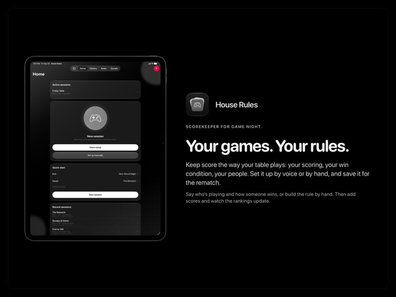 The House Rules share image, showing the app on iPad Pro 13-inch with its icon, name and headline for the Friday Table session, in the Grey tint, dark appearance.