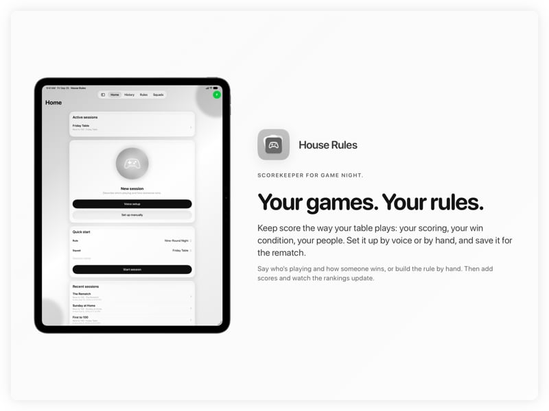 The House Rules share image, showing the app on iPad Pro 13-inch with its icon, name and headline for the Friday Table session, in the Grey tint, light appearance.