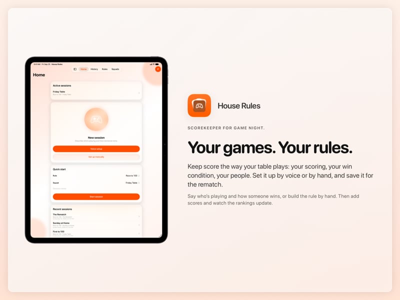 The House Rules share image, showing the app on iPad Pro 13-inch with its icon, name and headline for the Friday Table session, in the Orange tint, light appearance.