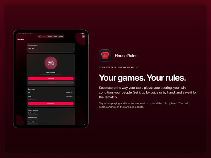 The House Rules share image, showing the app on iPad Pro 13-inch with its icon, name and headline for the Friday Table session, in the Pink tint, dark appearance.