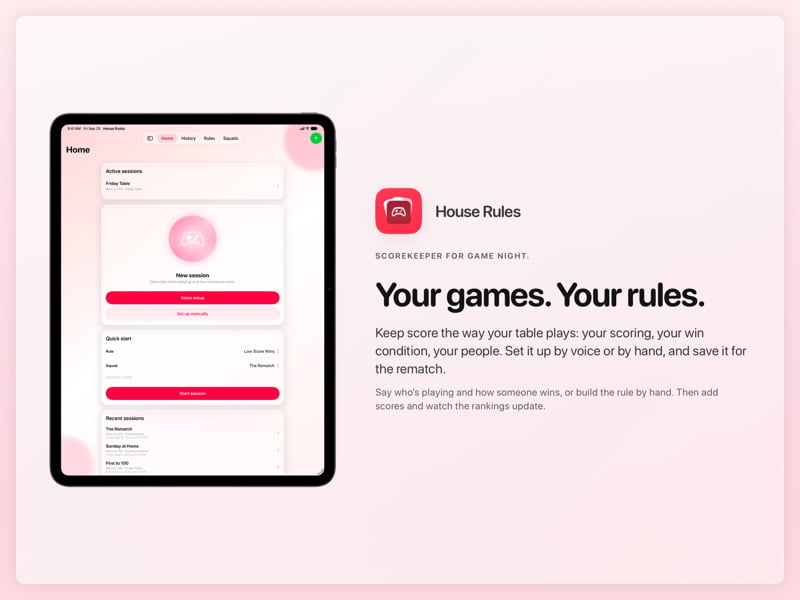 The House Rules share image, showing the app on iPad Pro 13-inch with its icon, name and headline for the Friday Table session, in the Pink tint, light appearance.