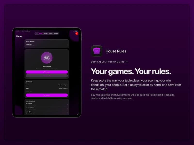 The House Rules share image, showing the app on iPad Pro 13-inch with its icon, name and headline for the Friday Table session, in the Purple tint, dark appearance.