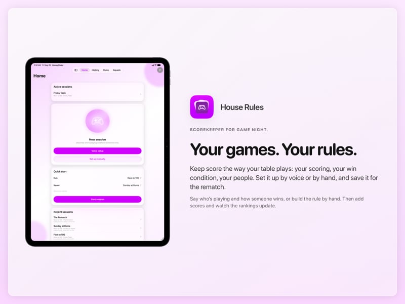 The House Rules share image, showing the app on iPad Pro 13-inch with its icon, name and headline for the Friday Table session, in the Purple tint, light appearance.
