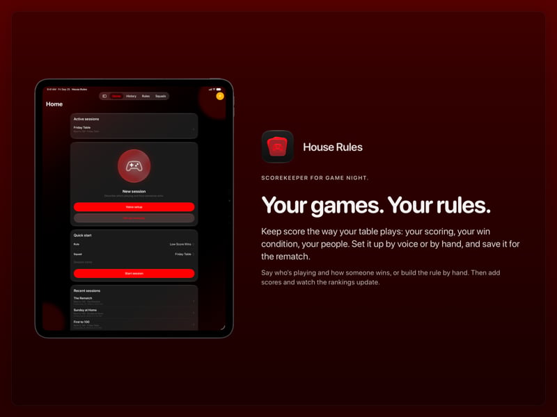 The House Rules share image, showing the app on iPad Pro 13-inch with its icon, name and headline for the Friday Table session, in the Red tint, dark appearance.