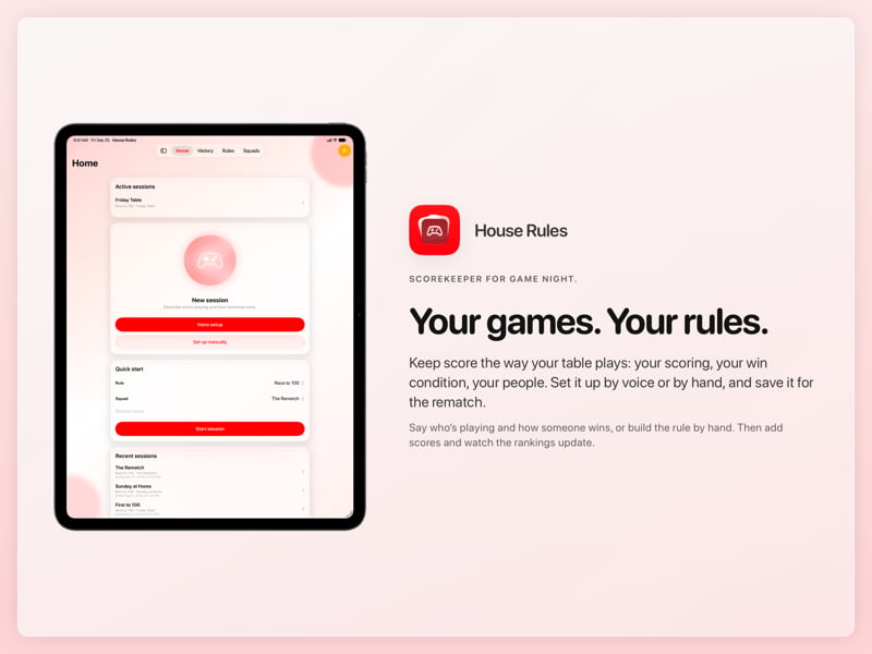The House Rules share image, showing the app on iPad Pro 13-inch with its icon, name and headline for the Friday Table session, in the Red tint, light appearance.