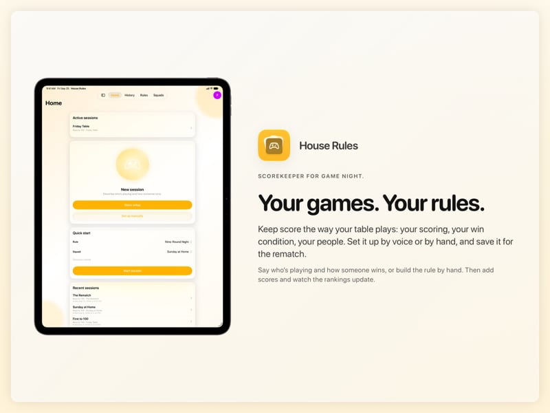 The House Rules share image, showing the app on iPad Pro 13-inch with its icon, name and headline for the Friday Table session, in the Yellow tint, light appearance.