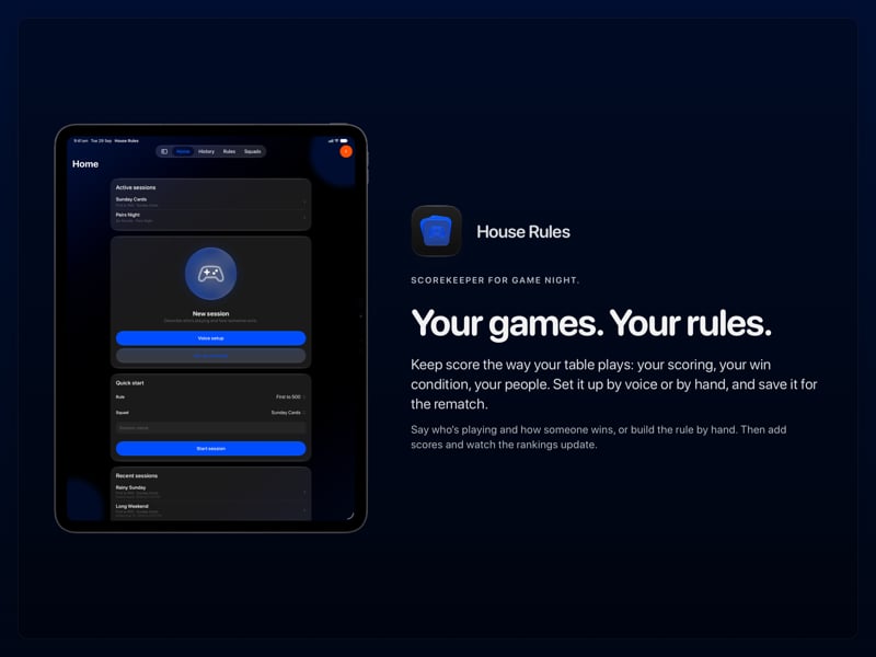The House Rules share image, showing the app on iPad Pro 13-inch with its icon, name and headline for the Sunday Cards session, in the Blue tint, dark appearance.