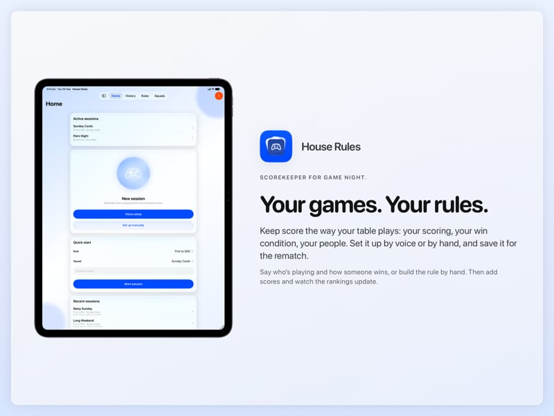 The House Rules share image, showing the app on iPad Pro 13-inch with its icon, name and headline for the Sunday Cards session, in the Blue tint, light appearance.