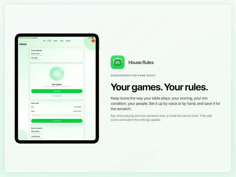 The House Rules share image, showing the app on iPad Pro 13-inch with its icon, name and headline for the Sunday Cards session, in the Green tint, light appearance.