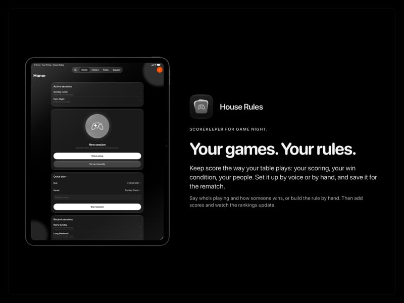 The House Rules share image, showing the app on iPad Pro 13-inch with its icon, name and headline for the Sunday Cards session, in the Grey tint, dark appearance.
