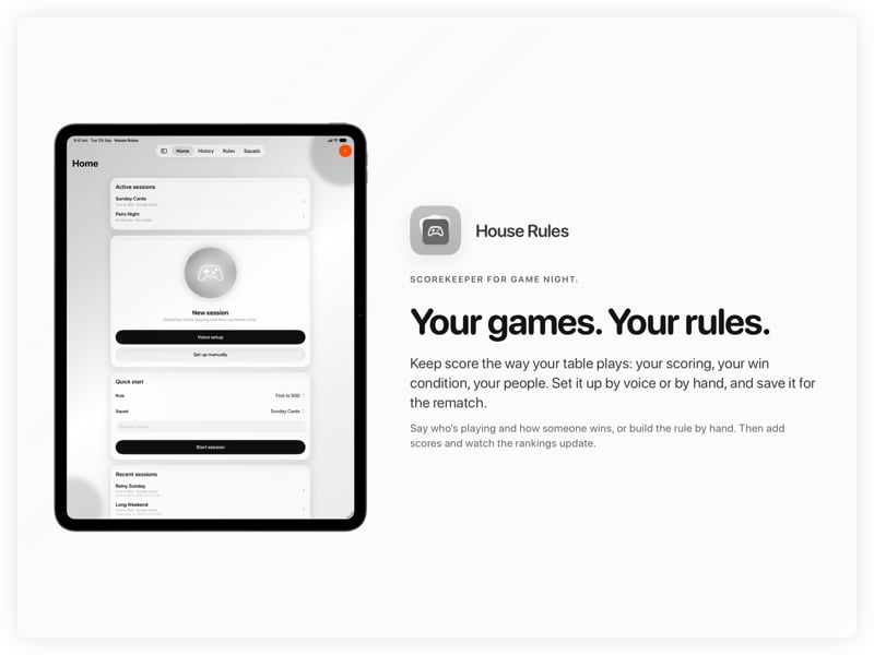 The House Rules share image, showing the app on iPad Pro 13-inch with its icon, name and headline for the Sunday Cards session, in the Grey tint, light appearance.