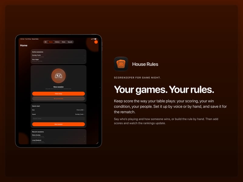 The House Rules share image, showing the app on iPad Pro 13-inch with its icon, name and headline for the Sunday Cards session, in the Orange tint, dark appearance.