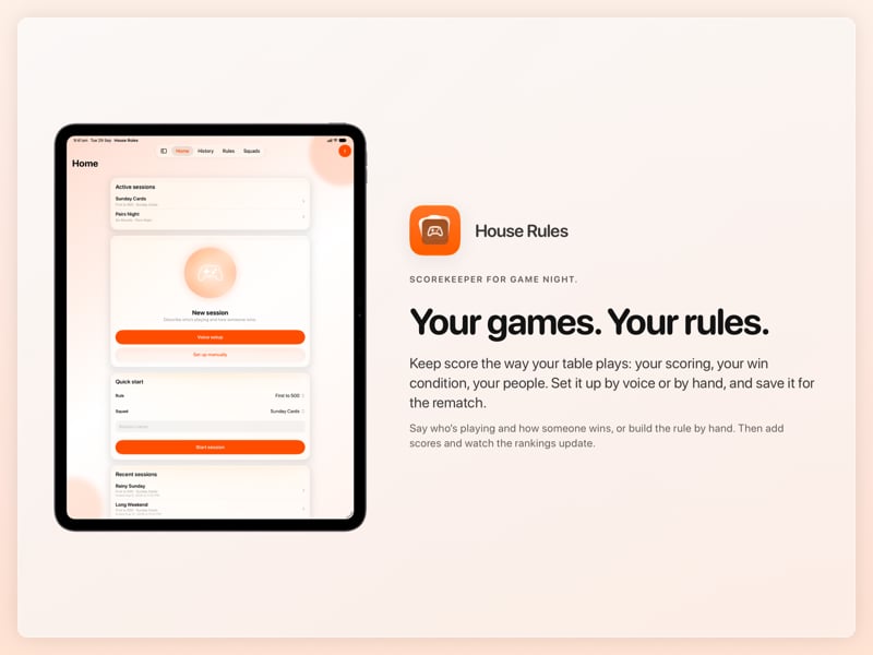 The House Rules share image, showing the app on iPad Pro 13-inch with its icon, name and headline for the Sunday Cards session, in the Orange tint, light appearance.
