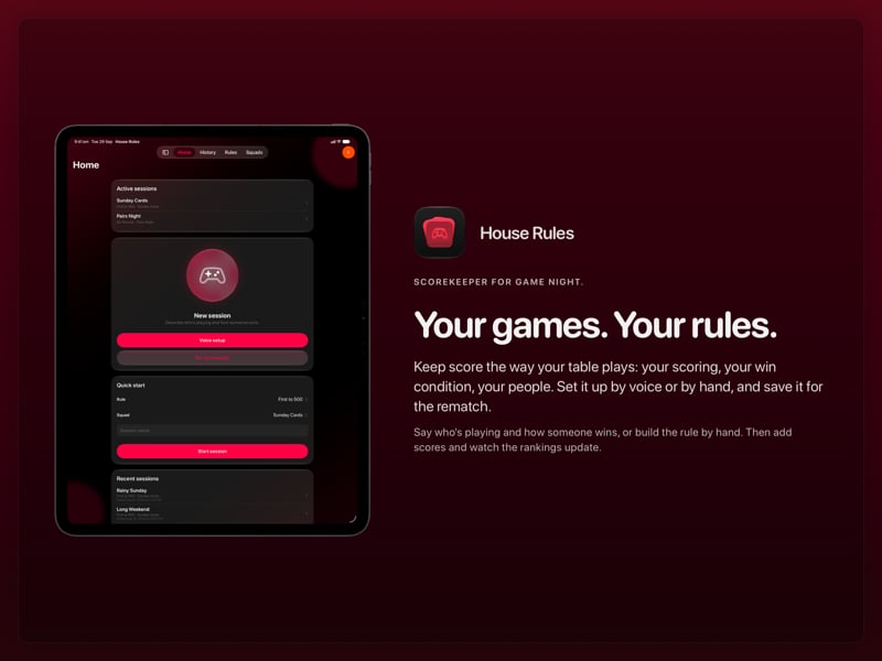 The House Rules share image, showing the app on iPad Pro 13-inch with its icon, name and headline for the Sunday Cards session, in the Pink tint, dark appearance.