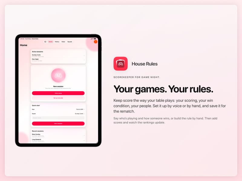 The House Rules share image, showing the app on iPad Pro 13-inch with its icon, name and headline for the Sunday Cards session, in the Pink tint, light appearance.
