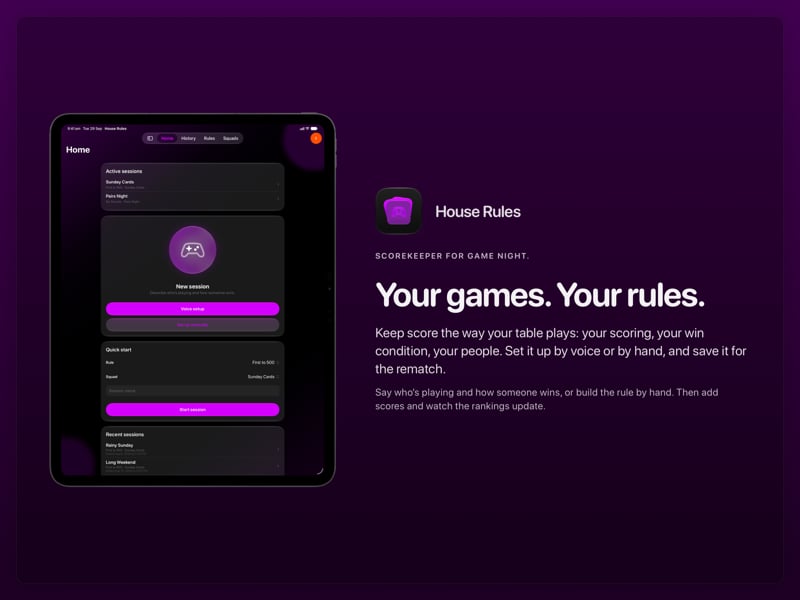 The House Rules share image, showing the app on iPad Pro 13-inch with its icon, name and headline for the Sunday Cards session, in the Purple tint, dark appearance.