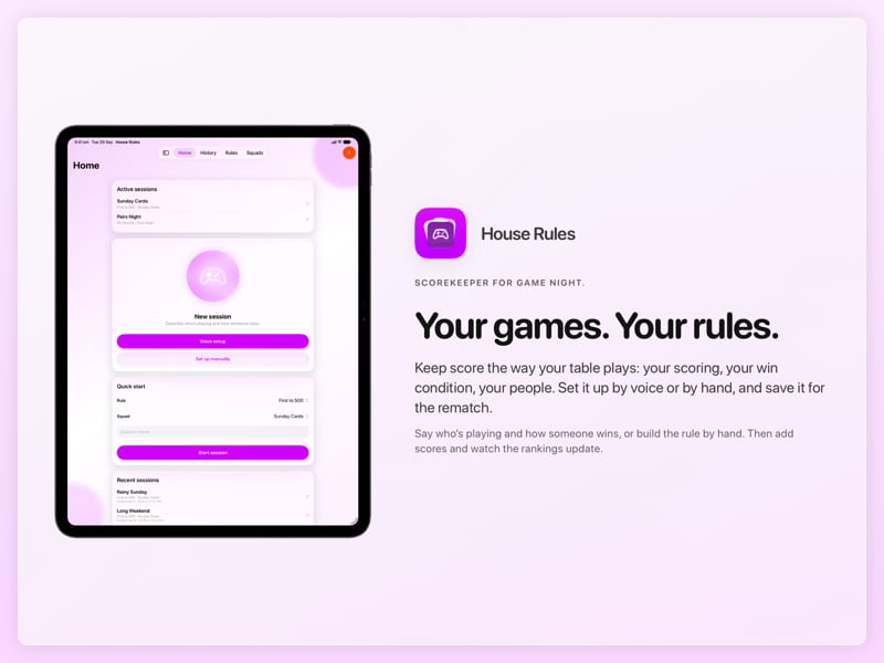 The House Rules share image, showing the app on iPad Pro 13-inch with its icon, name and headline for the Sunday Cards session, in the Purple tint, light appearance.