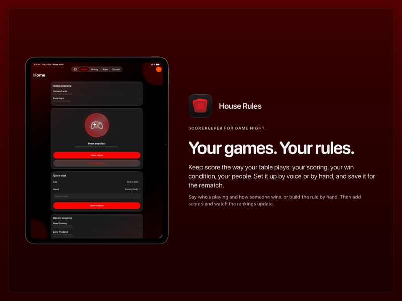 The House Rules share image, showing the app on iPad Pro 13-inch with its icon, name and headline for the Sunday Cards session, in the Red tint, dark appearance.