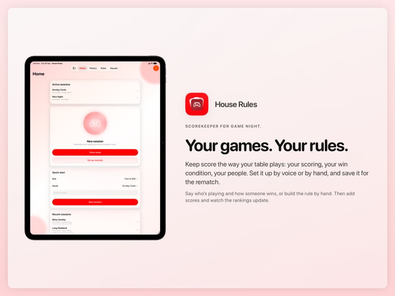The House Rules share image, showing the app on iPad Pro 13-inch with its icon, name and headline for the Sunday Cards session, in the Red tint, light appearance.