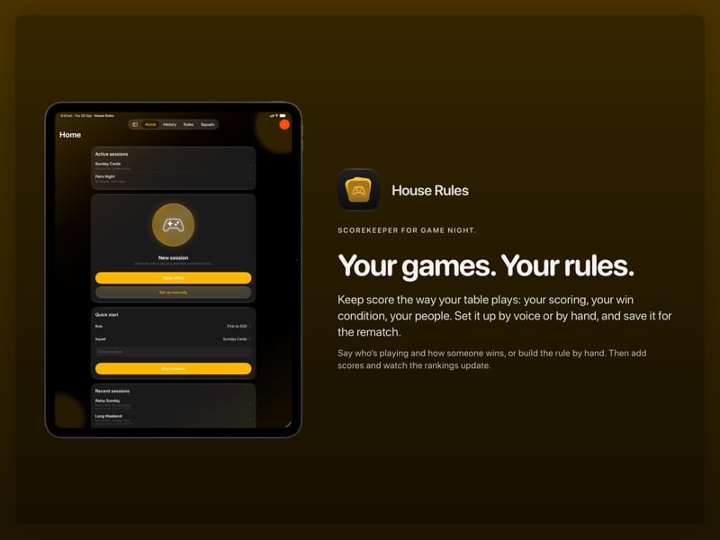 The House Rules share image, showing the app on iPad Pro 13-inch with its icon, name and headline for the Sunday Cards session, in the Yellow tint, dark appearance.