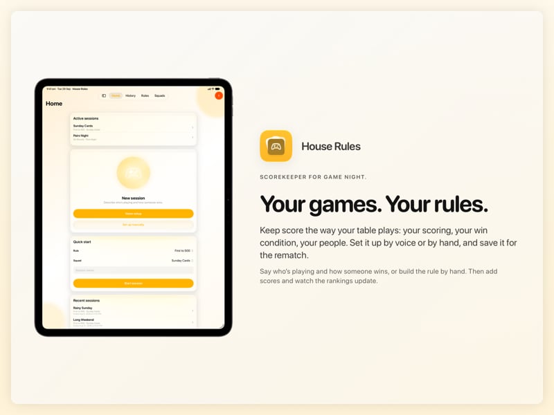 The House Rules share image, showing the app on iPad Pro 13-inch with its icon, name and headline for the Sunday Cards session, in the Yellow tint, light appearance.