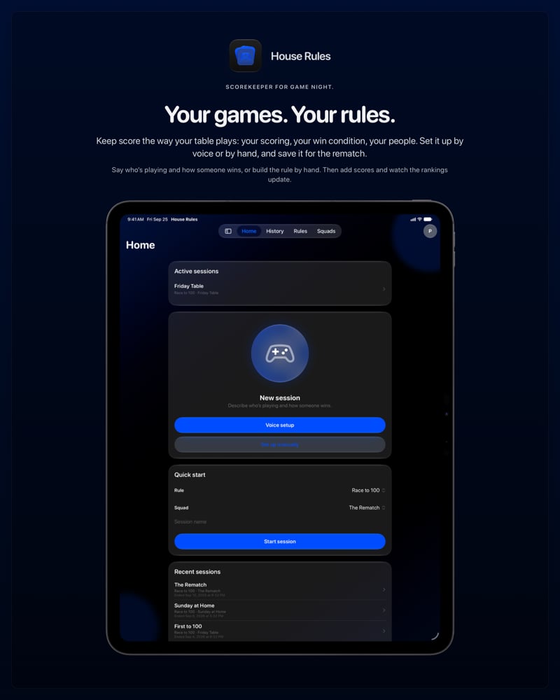 The House Rules share image, showing the app on iPad Pro 13-inch with its icon, name and headline for the Friday Table session, in the Blue tint, dark appearance.