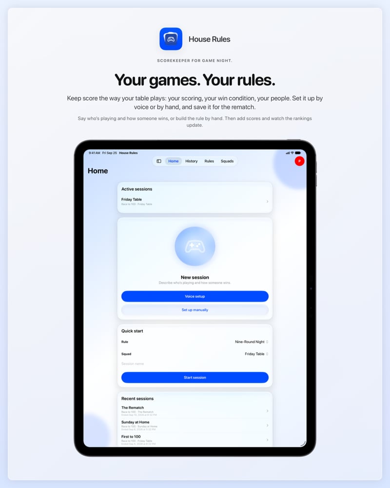 The House Rules share image, showing the app on iPad Pro 13-inch with its icon, name and headline for the Friday Table session, in the Blue tint, light appearance.