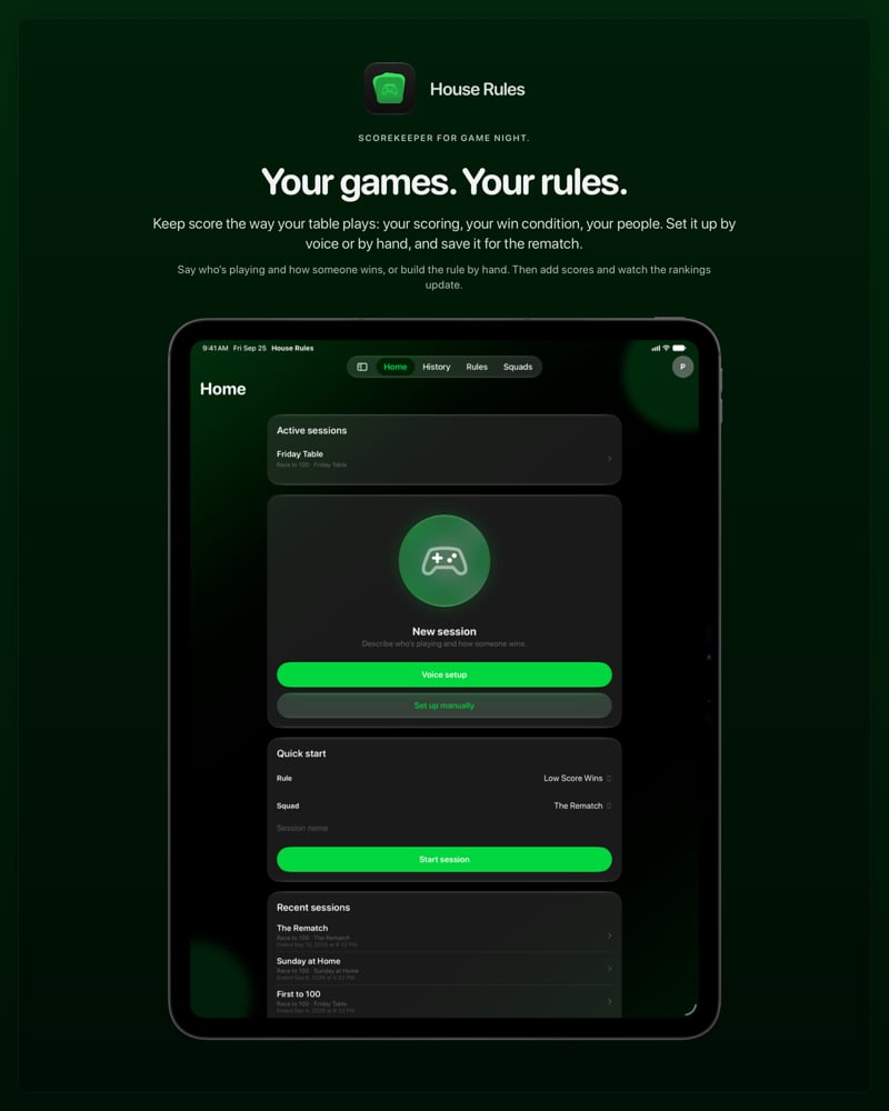 The House Rules share image, showing the app on iPad Pro 13-inch with its icon, name and headline for the Friday Table session, in the Green tint, dark appearance.