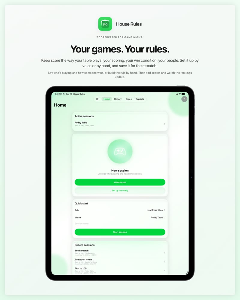 The House Rules share image, showing the app on iPad Pro 13-inch with its icon, name and headline for the Friday Table session, in the Green tint, light appearance.