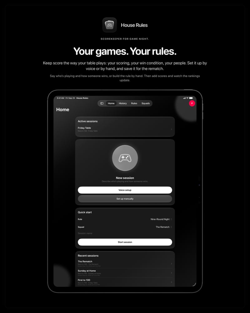 The House Rules share image, showing the app on iPad Pro 13-inch with its icon, name and headline for the Friday Table session, in the Grey tint, dark appearance.