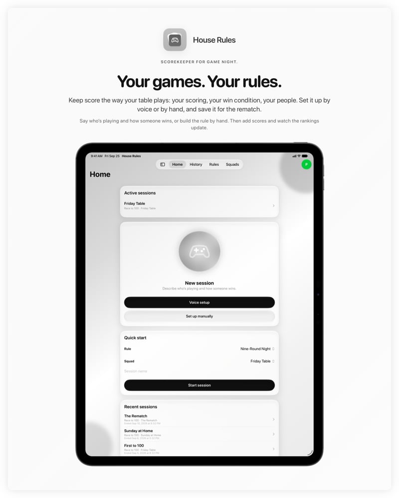 The House Rules share image, showing the app on iPad Pro 13-inch with its icon, name and headline for the Friday Table session, in the Grey tint, light appearance.
