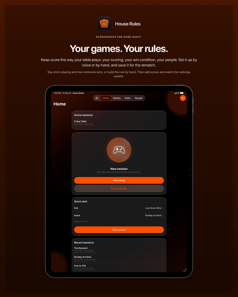 The House Rules share image, showing the app on iPad Pro 13-inch with its icon, name and headline for the Friday Table session, in the Orange tint, dark appearance.