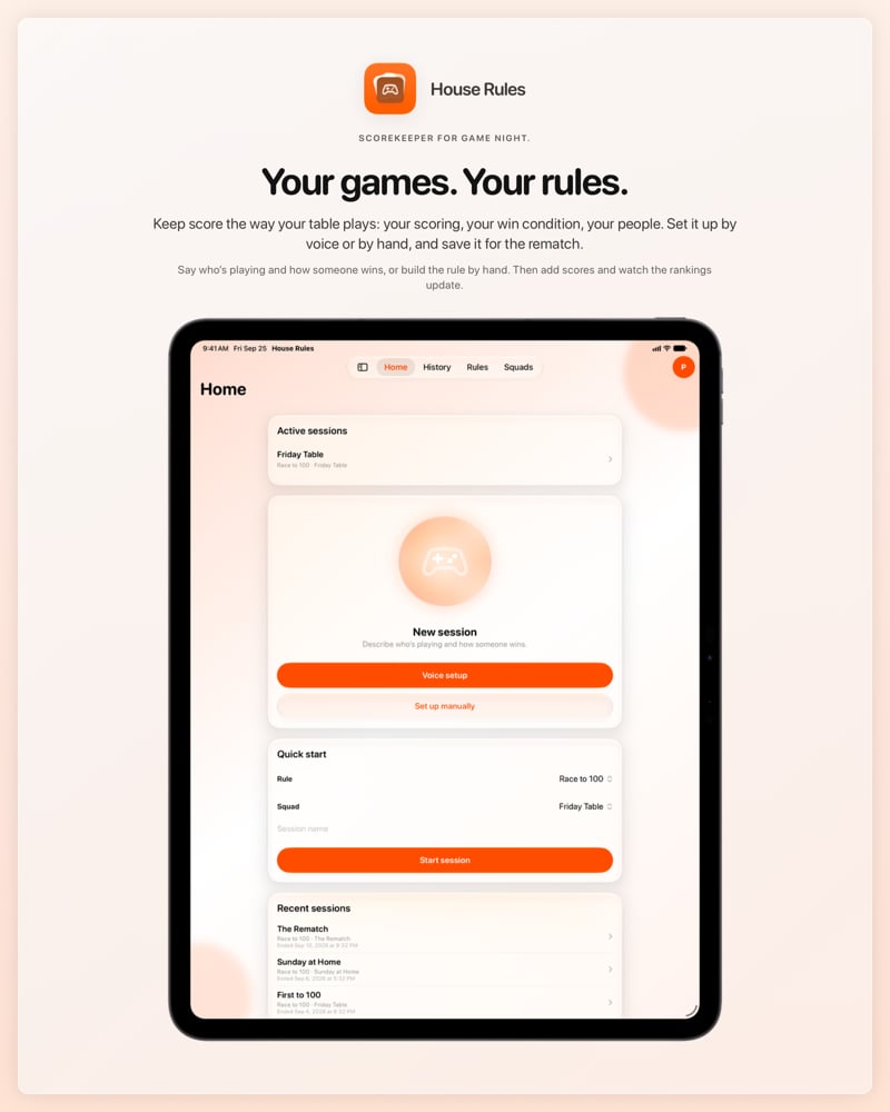 The House Rules share image, showing the app on iPad Pro 13-inch with its icon, name and headline for the Friday Table session, in the Orange tint, light appearance.