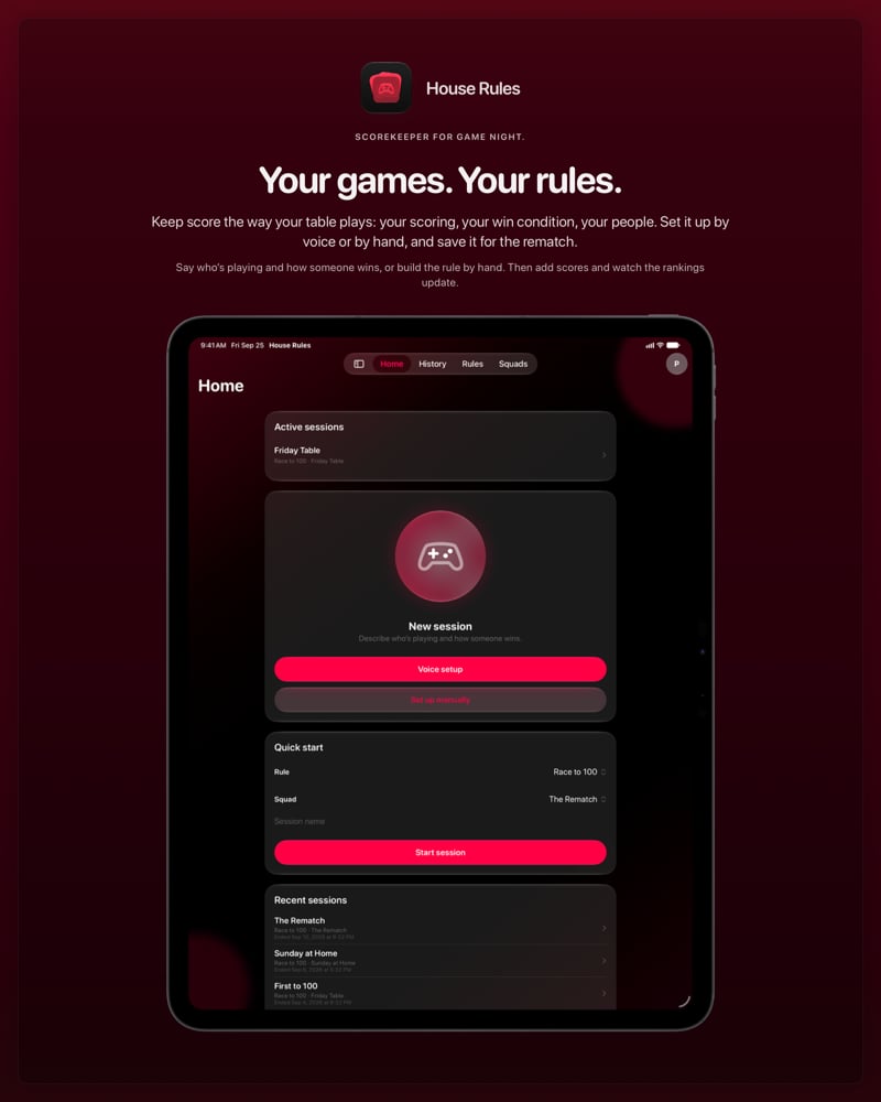 The House Rules share image, showing the app on iPad Pro 13-inch with its icon, name and headline for the Friday Table session, in the Pink tint, dark appearance.