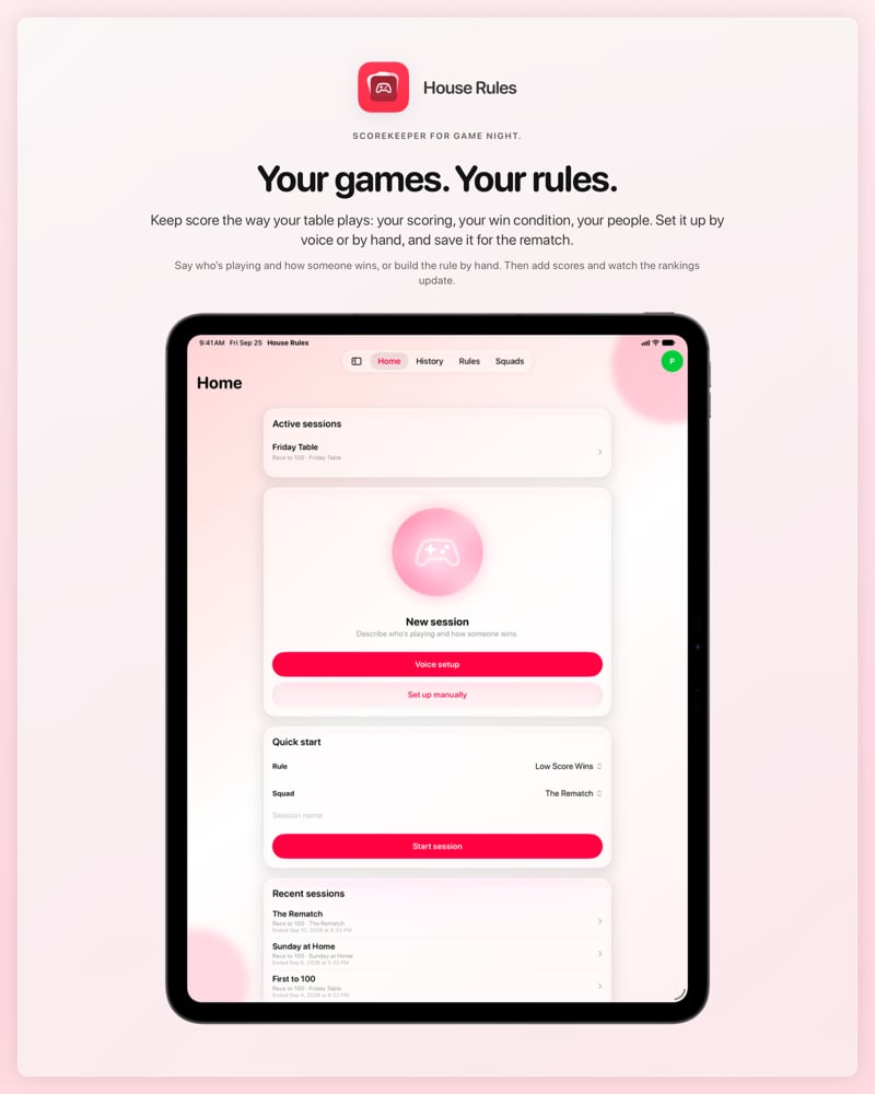 The House Rules share image, showing the app on iPad Pro 13-inch with its icon, name and headline for the Friday Table session, in the Pink tint, light appearance.