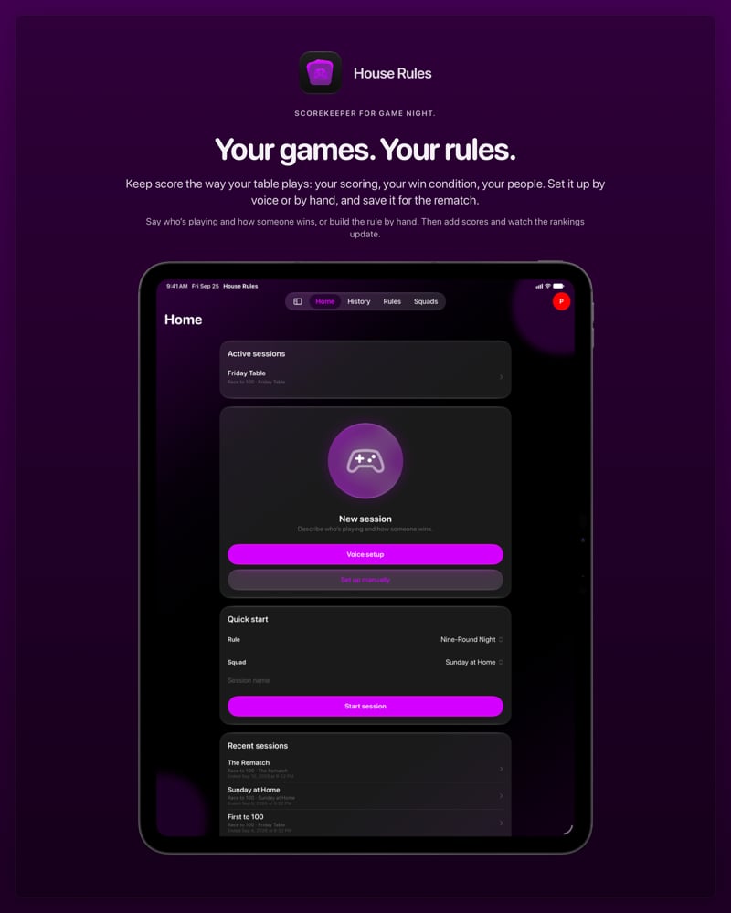 The House Rules share image, showing the app on iPad Pro 13-inch with its icon, name and headline for the Friday Table session, in the Purple tint, dark appearance.