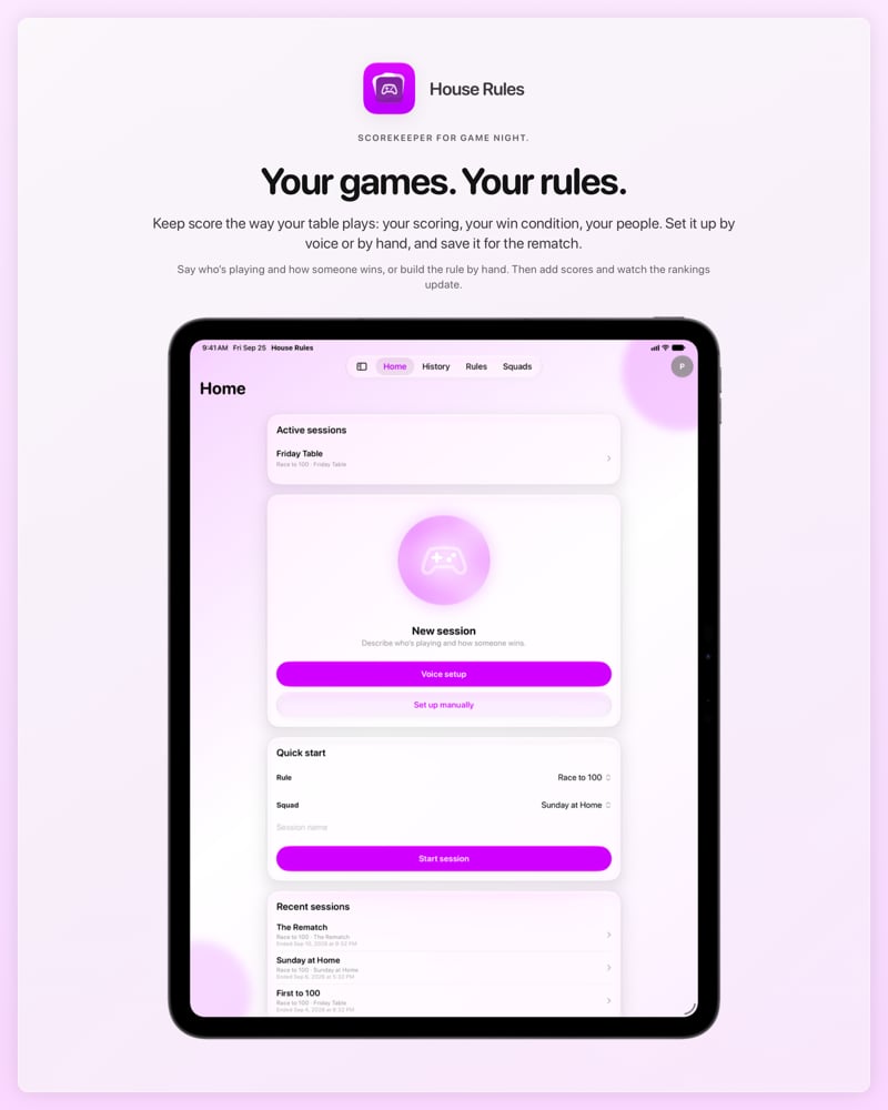 The House Rules share image, showing the app on iPad Pro 13-inch with its icon, name and headline for the Friday Table session, in the Purple tint, light appearance.