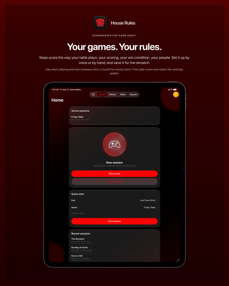 The House Rules share image, showing the app on iPad Pro 13-inch with its icon, name and headline for the Friday Table session, in the Red tint, dark appearance.