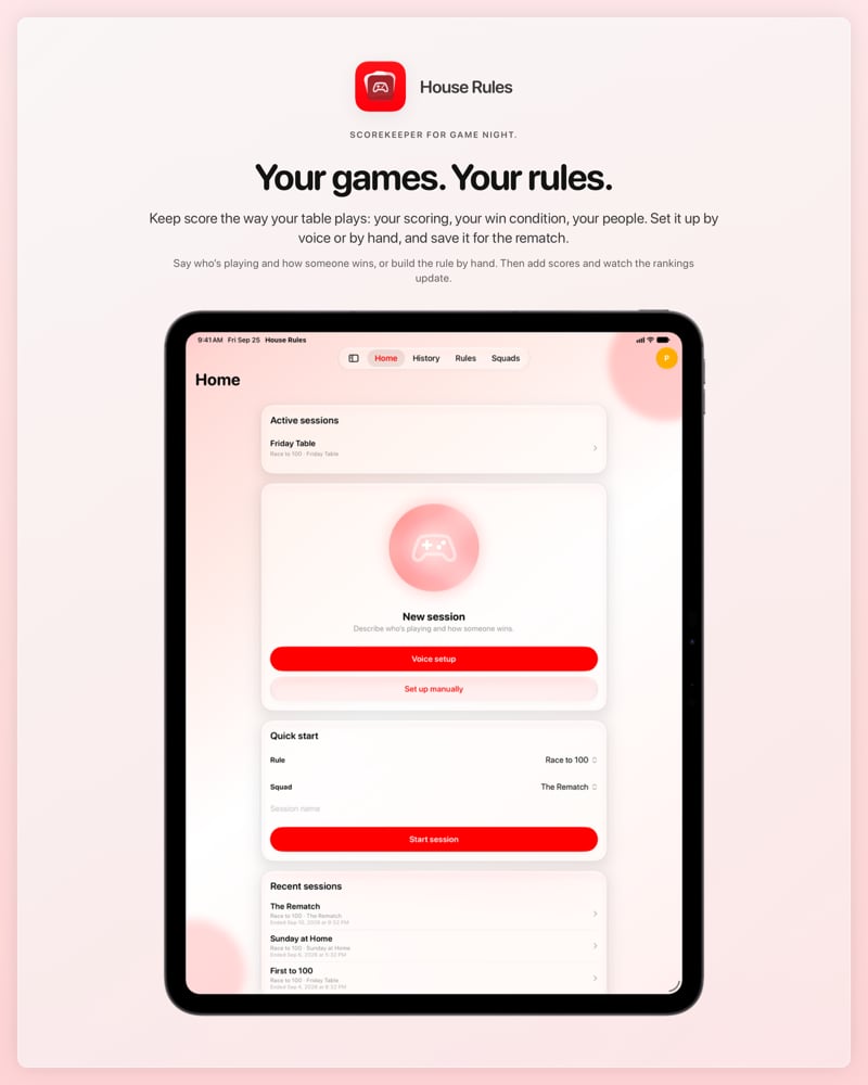 The House Rules share image, showing the app on iPad Pro 13-inch with its icon, name and headline for the Friday Table session, in the Red tint, light appearance.