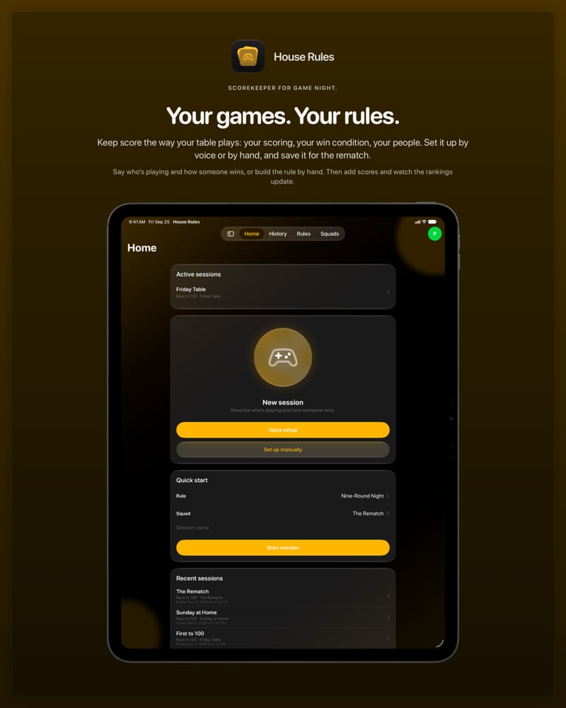 The House Rules share image, showing the app on iPad Pro 13-inch with its icon, name and headline for the Friday Table session, in the Yellow tint, dark appearance.
