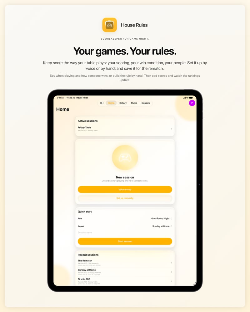 The House Rules share image, showing the app on iPad Pro 13-inch with its icon, name and headline for the Friday Table session, in the Yellow tint, light appearance.
