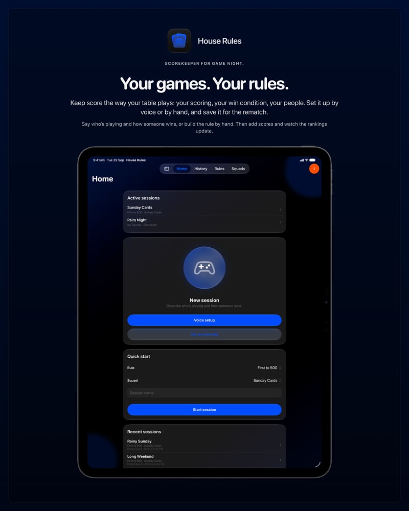 The House Rules share image, showing the app on iPad Pro 13-inch with its icon, name and headline for the Sunday Cards session, in the Blue tint, dark appearance.
